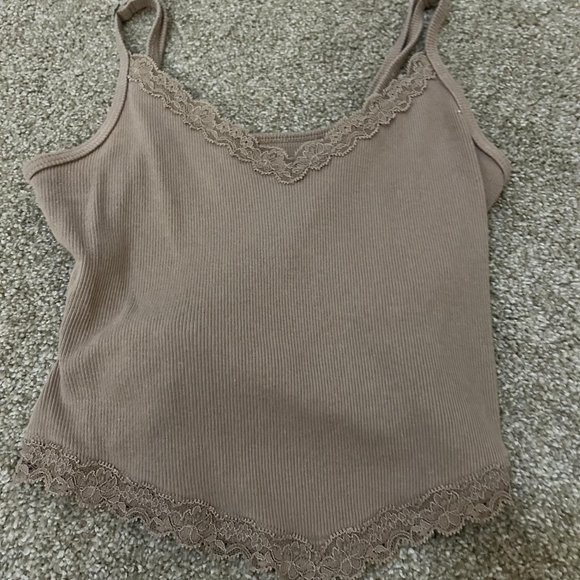 Lace Trim Ribbed Tank Top - Brown - Picture 1 of 3